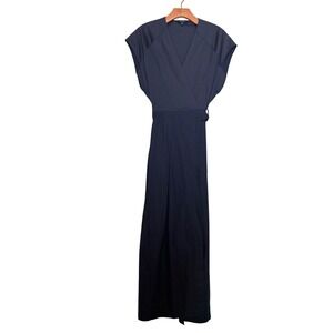 Massimo Dutti Navy Blue Wrap Style Maxi Dress Cap Sleeve Belted Size Small